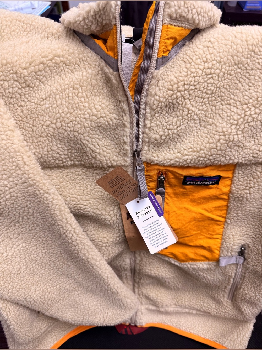Patagonia Cream Sherpa Jacket with Yellow Chest Pocket #Patagonia - Picture 1 of 3